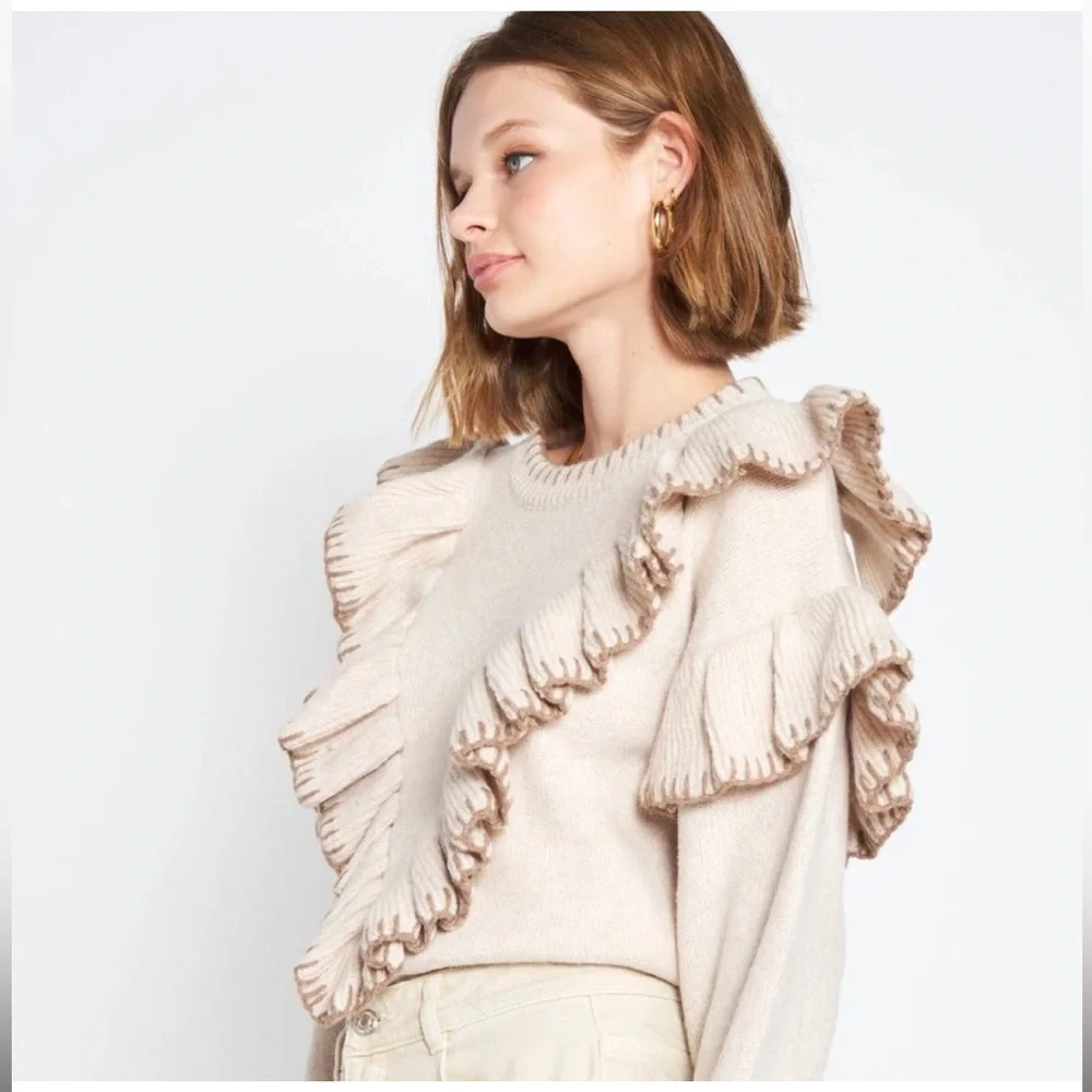 En Saison Pullover Rene Ruffle-Trim Sweater in Tan Small
